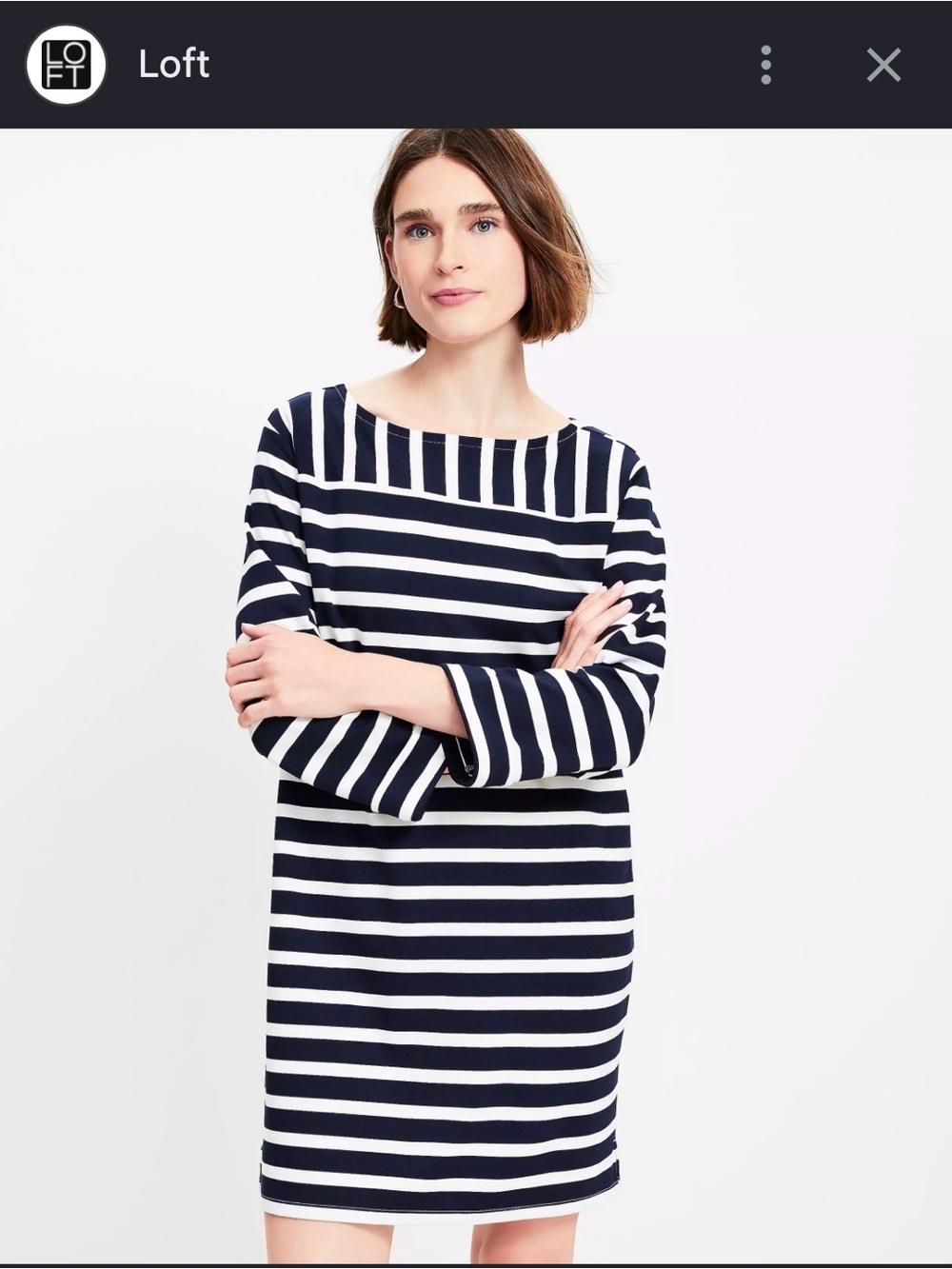 LOFT Navy & White Striped Long Sleeve Shift Dress